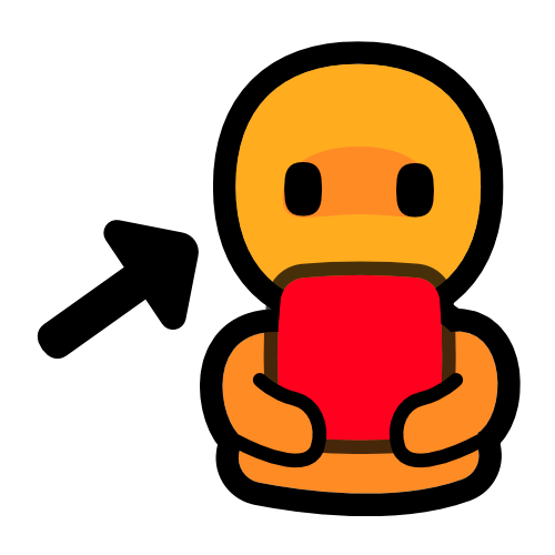 the head and shoulders of a yellow figure holding a red square. a black arrow points up to the figure's head